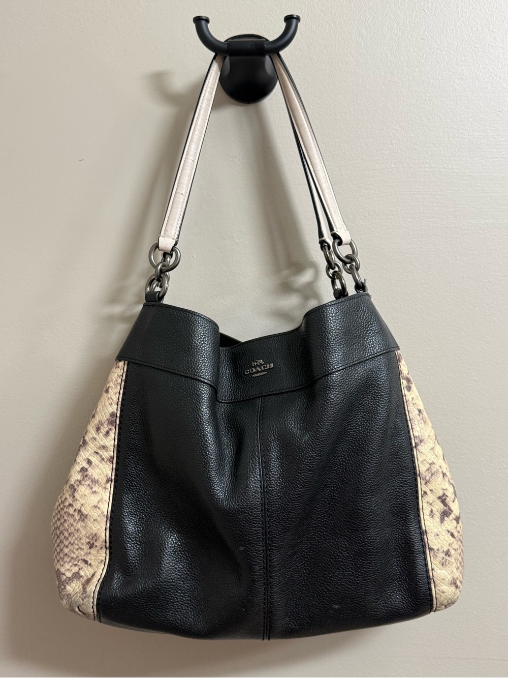Coach Black Pebbled Leather Hobo with Cream Snake-Print Sides